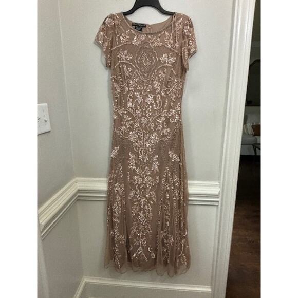 NWT Pisarro Nights Beaded Mesh Midi Cocktail Dress Formal Gown Beige Sz 10